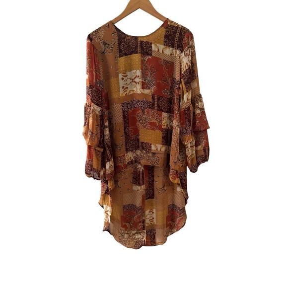CATO Women M Blouse High Low Brown Orange Lagenlook Boho Patch Balloon Sleeve - Picture 1 of 5